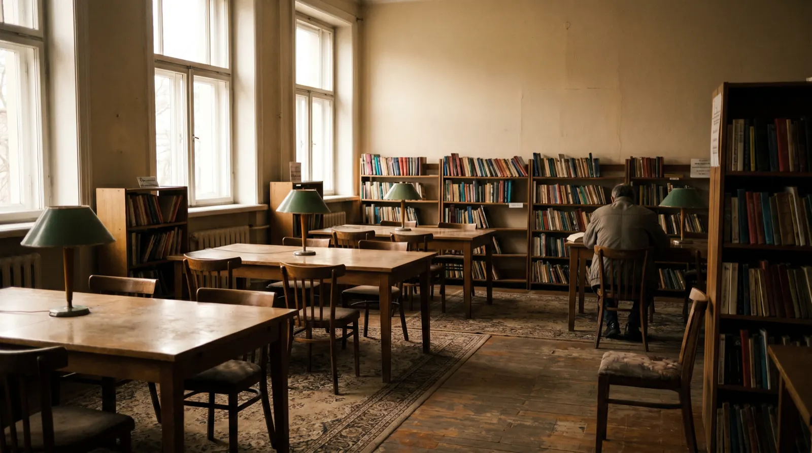Quiet public library reading room with wooden tables and a lone reader
