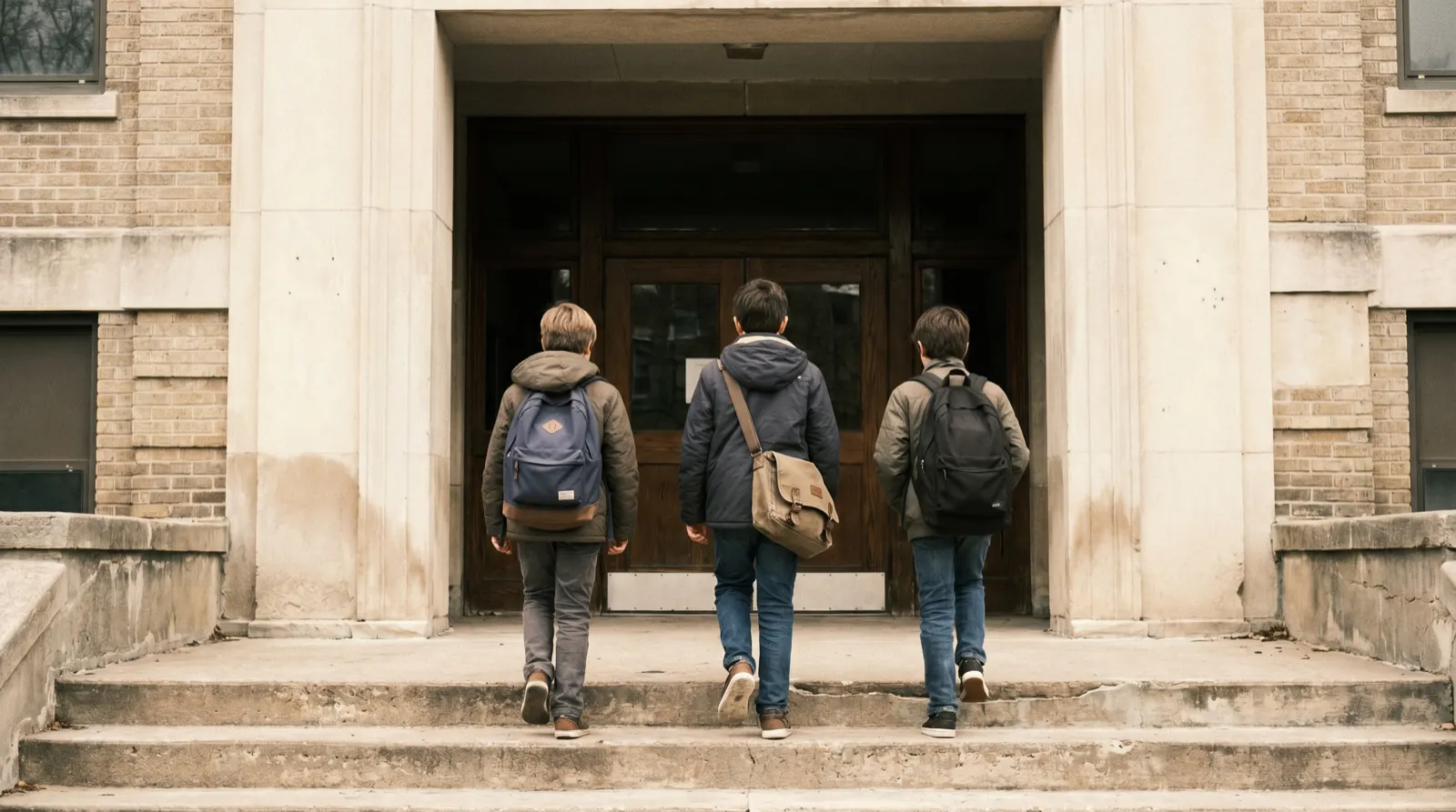 Three students with backpacks walking up the steps of a school entrance
